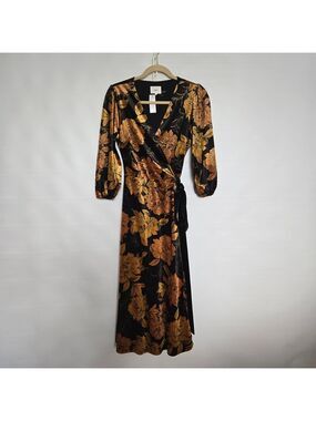 LENA Dress Full-Wrap Women NWT Black Gold Long Sleeve Floral Fall Festive Small